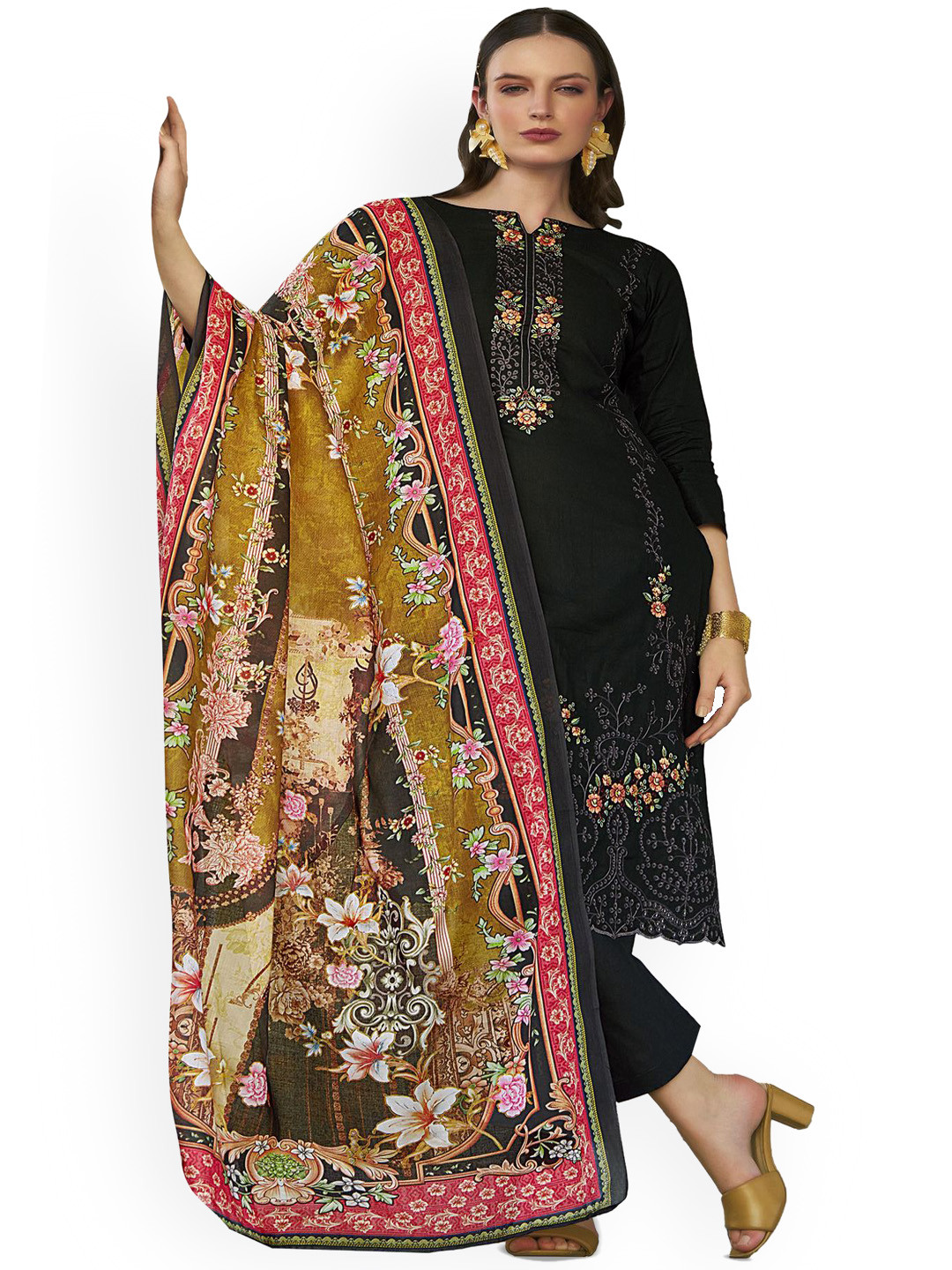 

DRAVINAM Trends Embroidered Pure Cotton Unstitched Dress Material, Black