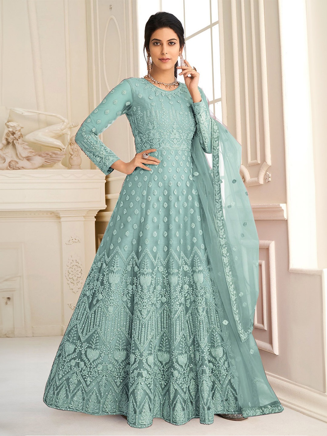

Aika Embellished Embroidered Net Fit & Flare Maxi Dress, Turquoise blue
