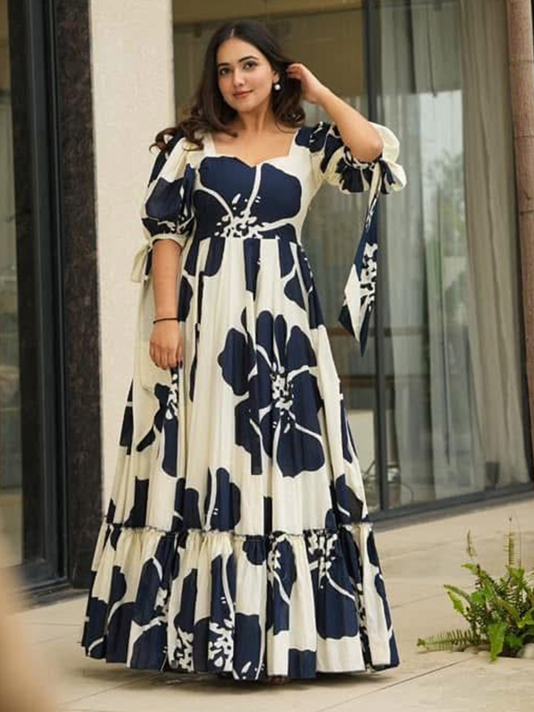 

KALINI Floral Print Puff Sleeve Maxi Dress, Navy blue