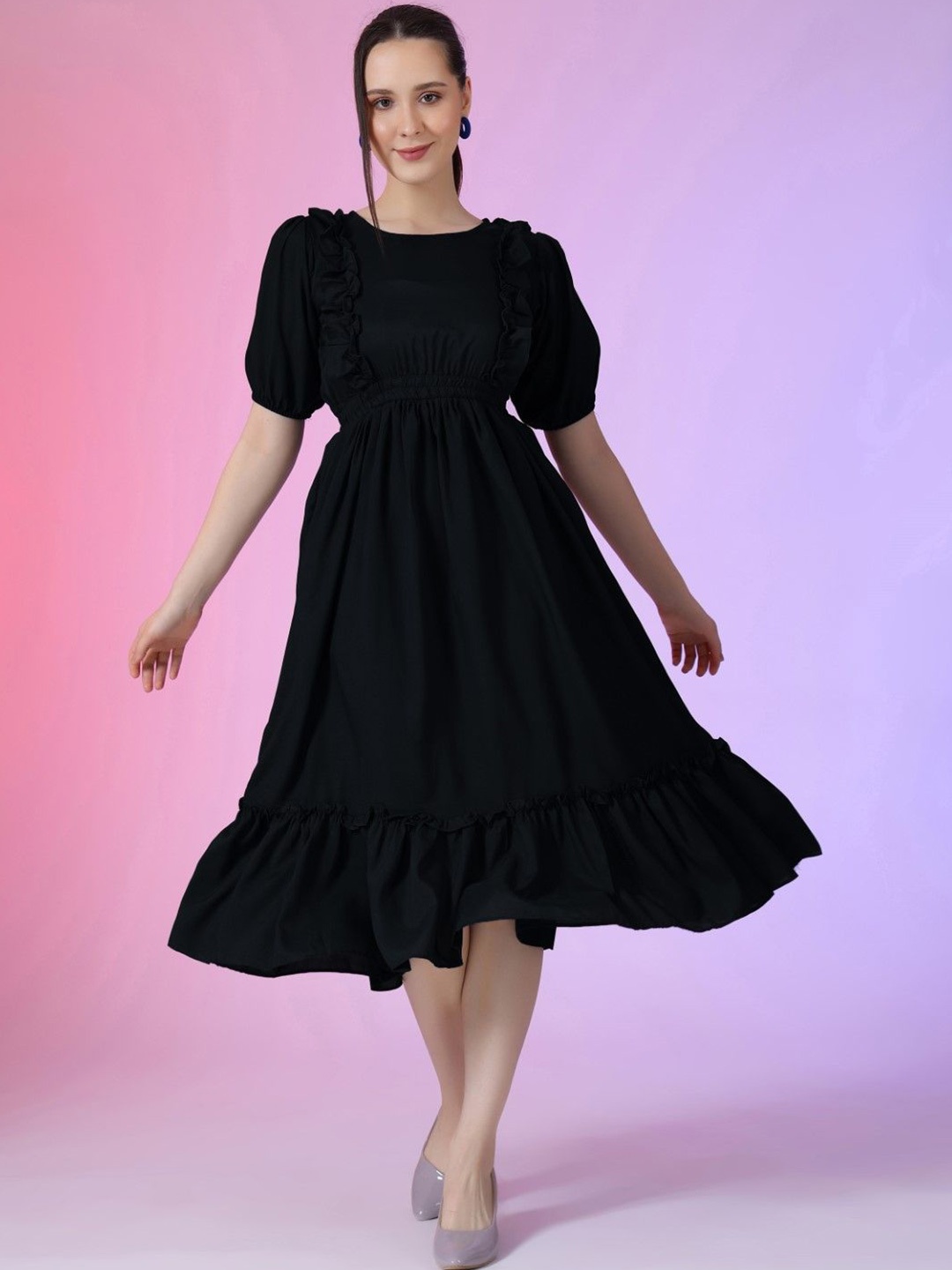 

Raiyani Fashion Puff Sleeve Applique Fit & Flare Dress, Black