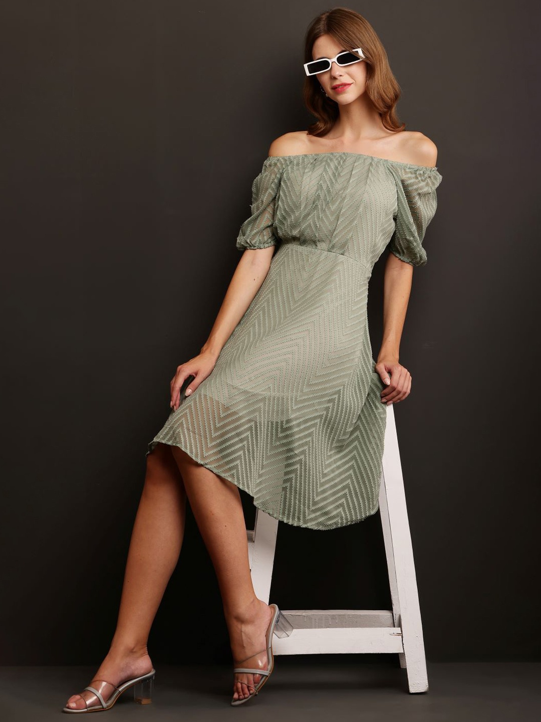 

Houseofchic Striped Off-Shoulder Georgette A-Line Maxi Dress, Green