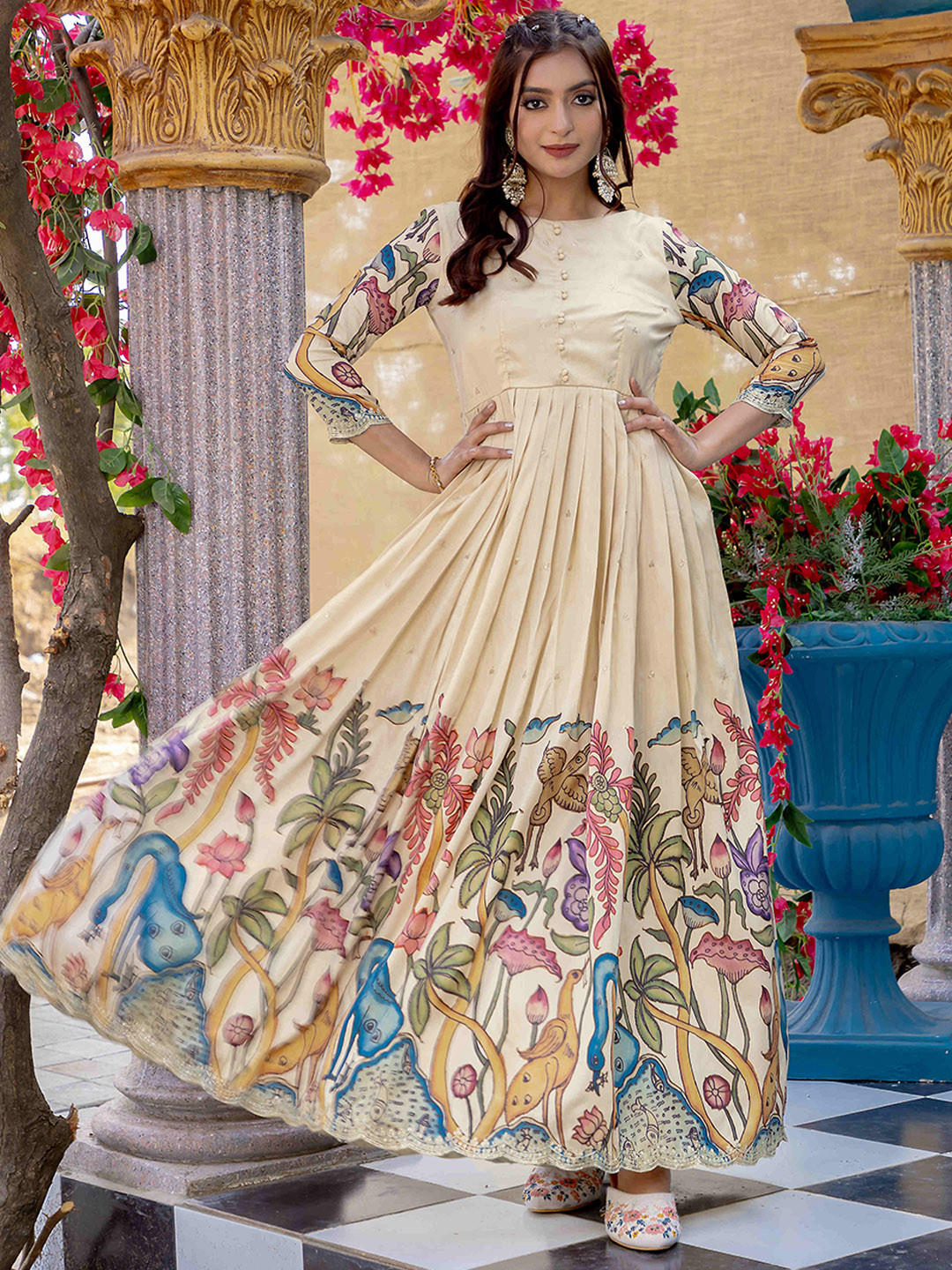 

DEVATITHI Printed Gown Maxi Ethnic Dresses, Cream