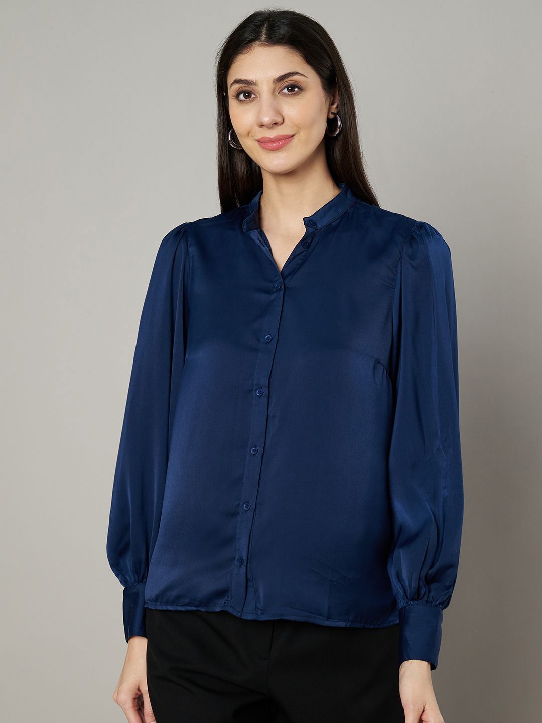 

Amagyaa Mandarin Collar Satin Blouson Top, Navy blue