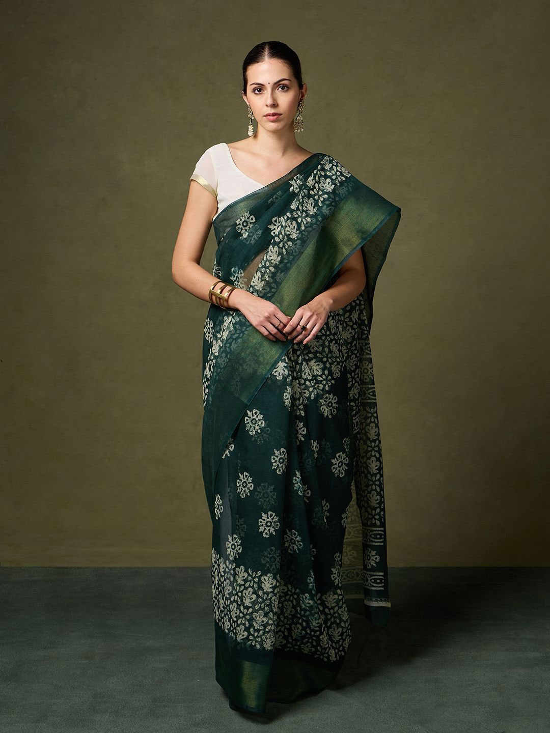 

Saaki Floral Zari Ikat Saree, Green