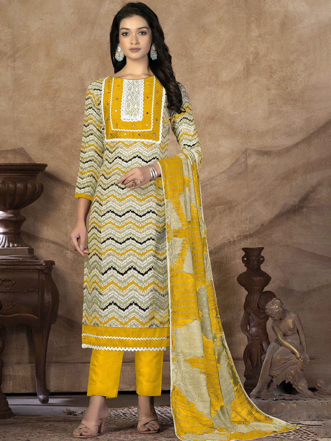 

SAINOOR Printed Pure Cotton Semi-Stitched Dress Material, Yellow