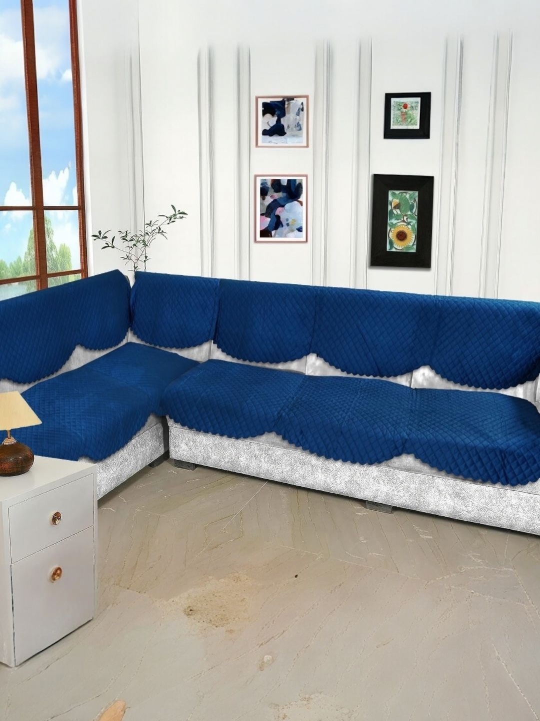 

BIGGER FISH Blue Checked Velvet Sofa Cover