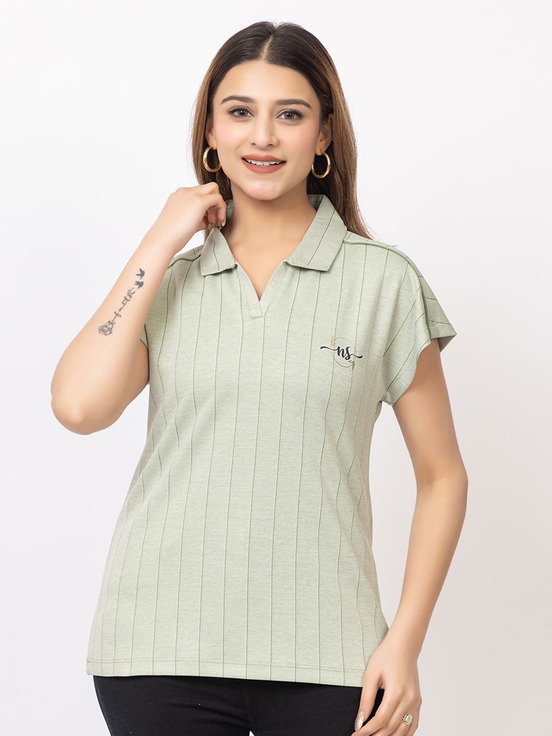 

GFO Mandarin Collar Cotton Top, Green