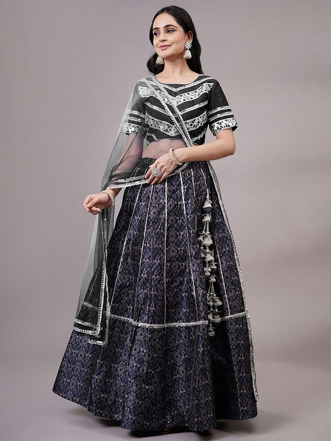 

Utsav Fashion Embroidered Mirror Work Shibori Ready to Wear Lehenga & Choli With Dupatta, Navy blue