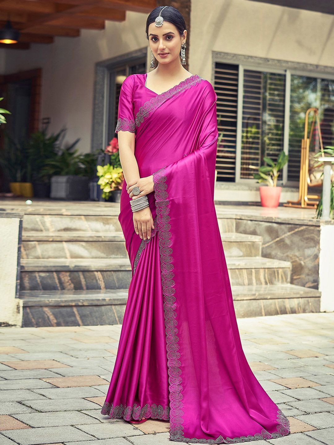 

DIVASTRI Beads and Stones Satin Saree, Pink