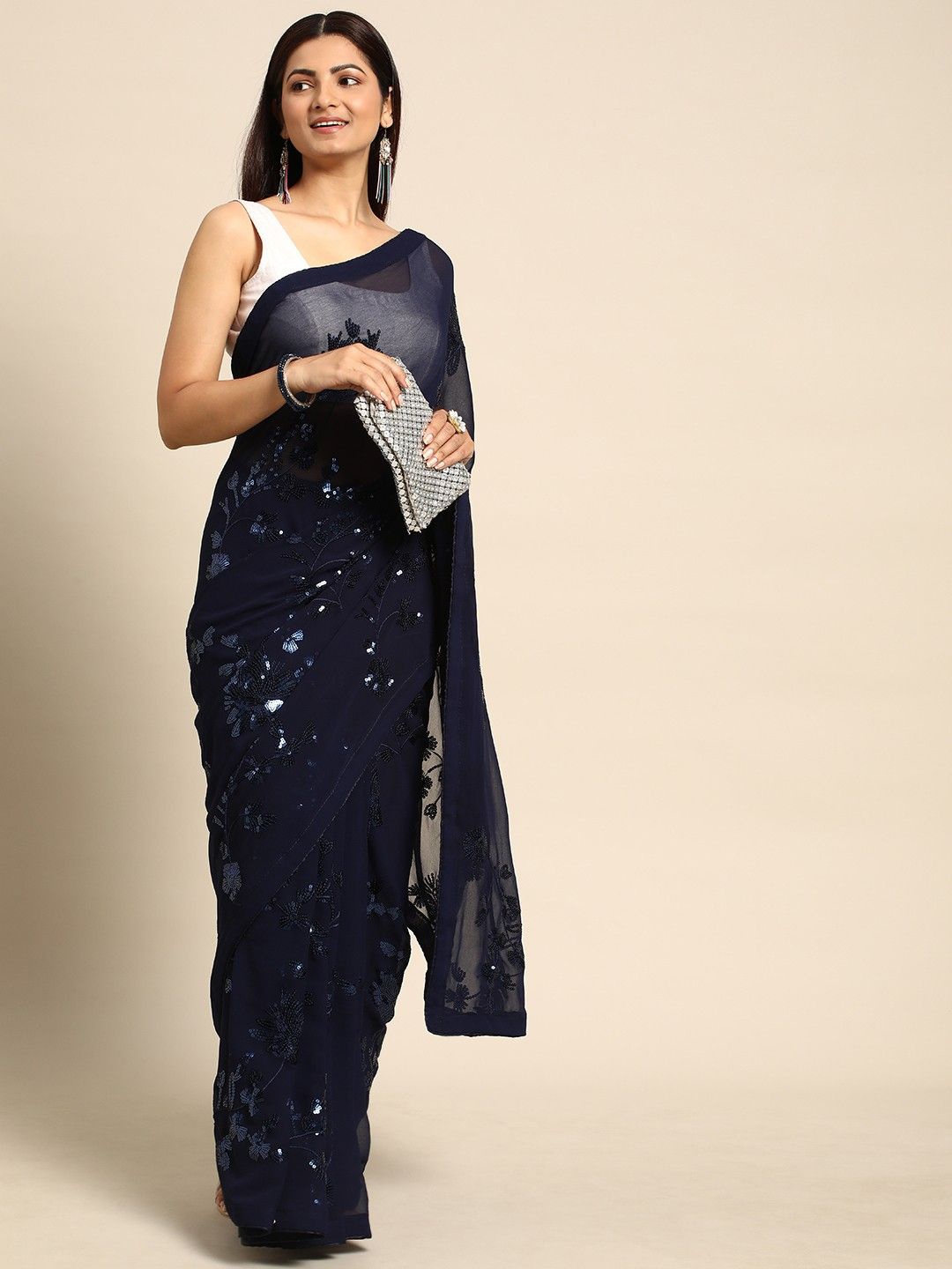 

SWADESI STUFF Embellished Sequinned Pure Georgette Saree, Blue