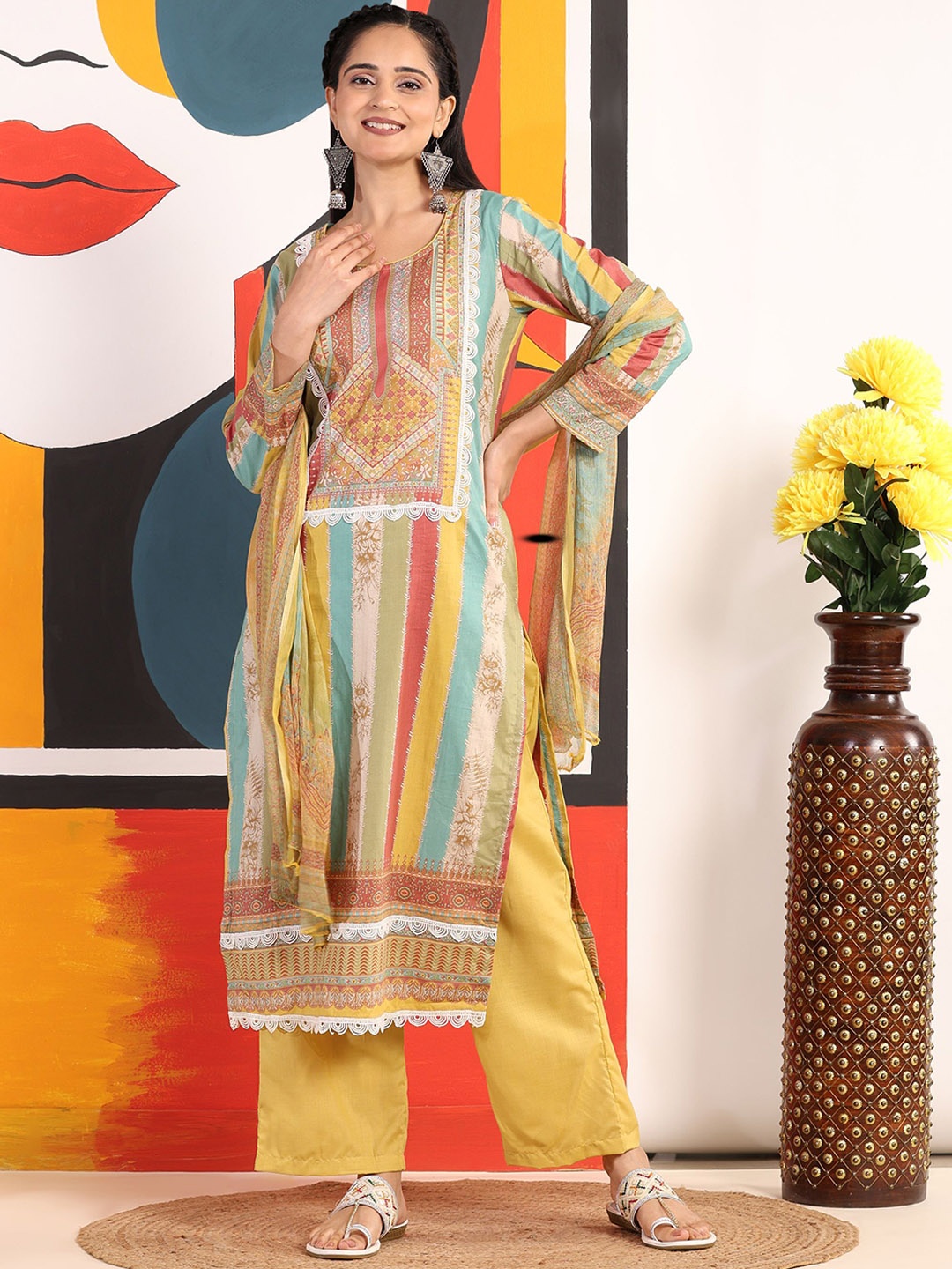

Mamicha Women Printed Regular Pure Cotton Kurta with Palazzos & With Dupatta, Yellow
