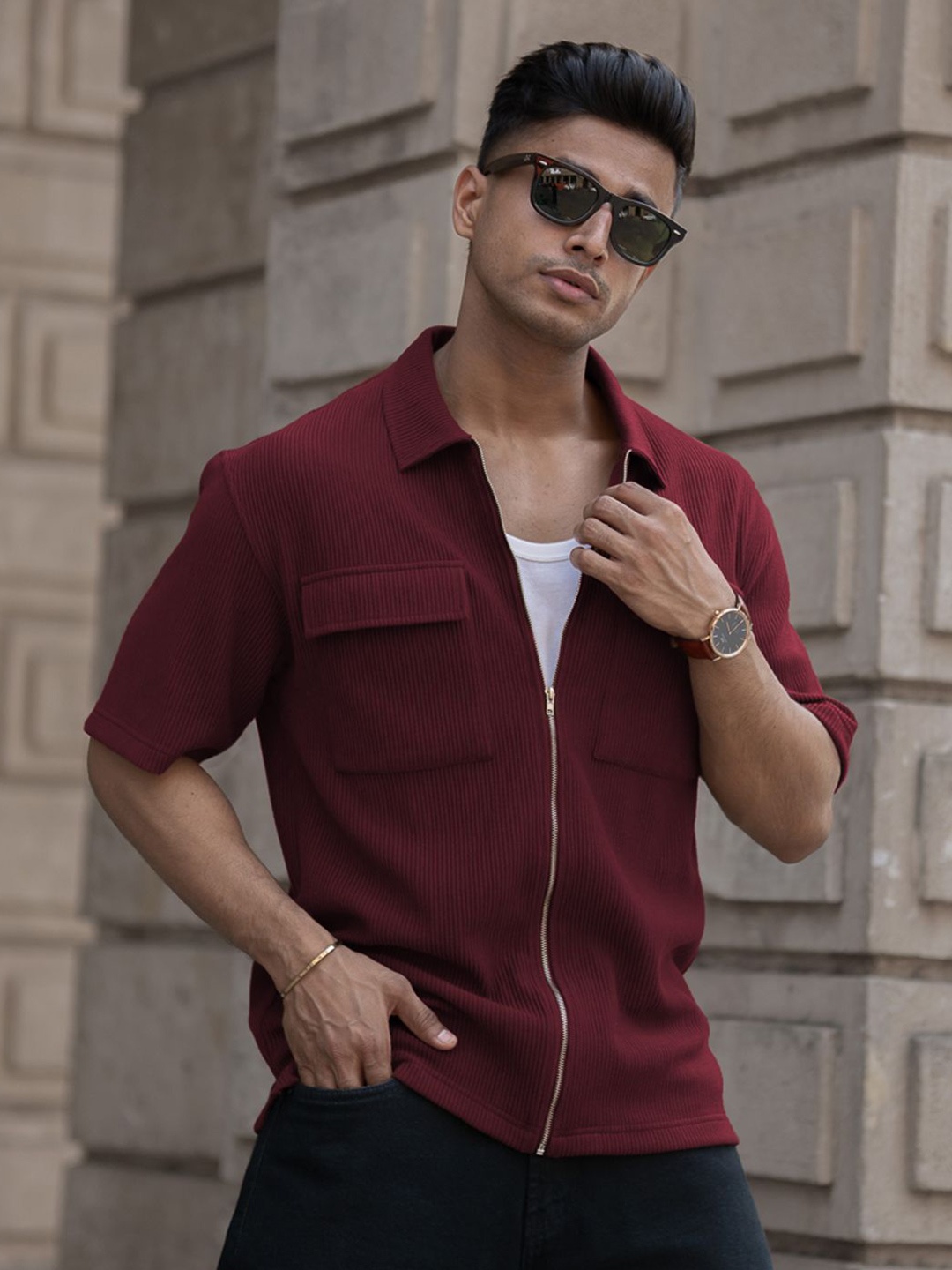 

Powerlook Men Opaque Striped Casual Shirt, Maroon