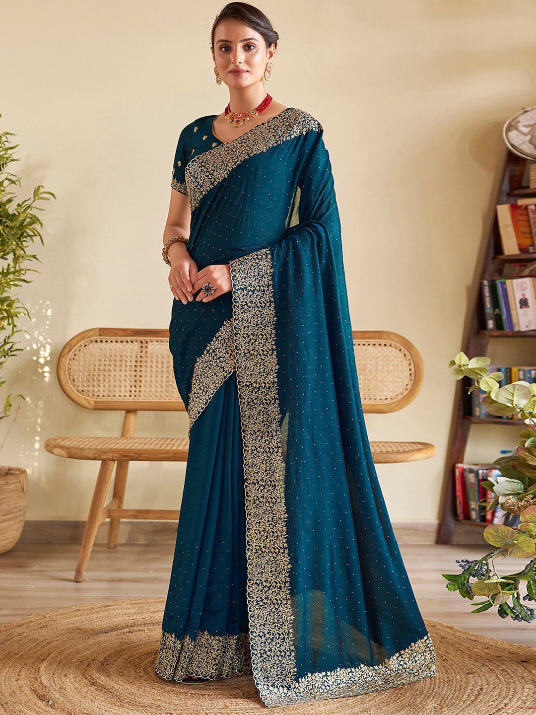 

DIVASTRI Floral Beads and Stones Art Silk Designer Saree, Blue