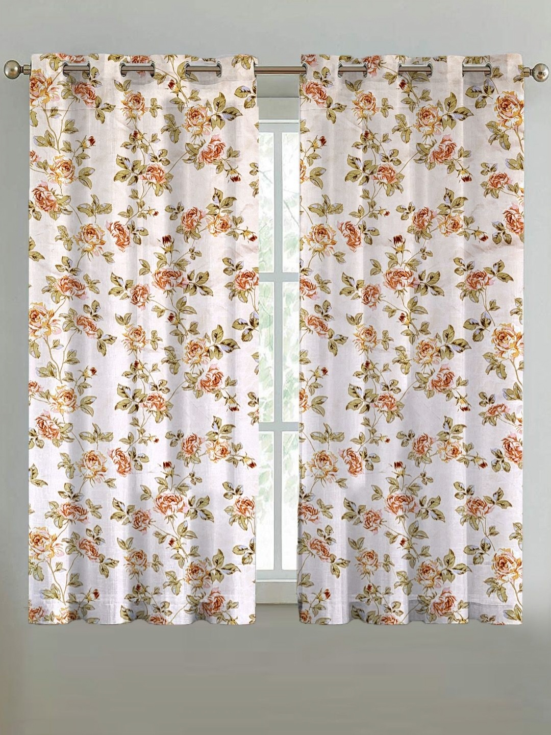 

ANA Beige & Green Set of 2 Floral Room Darkening Door Curtain