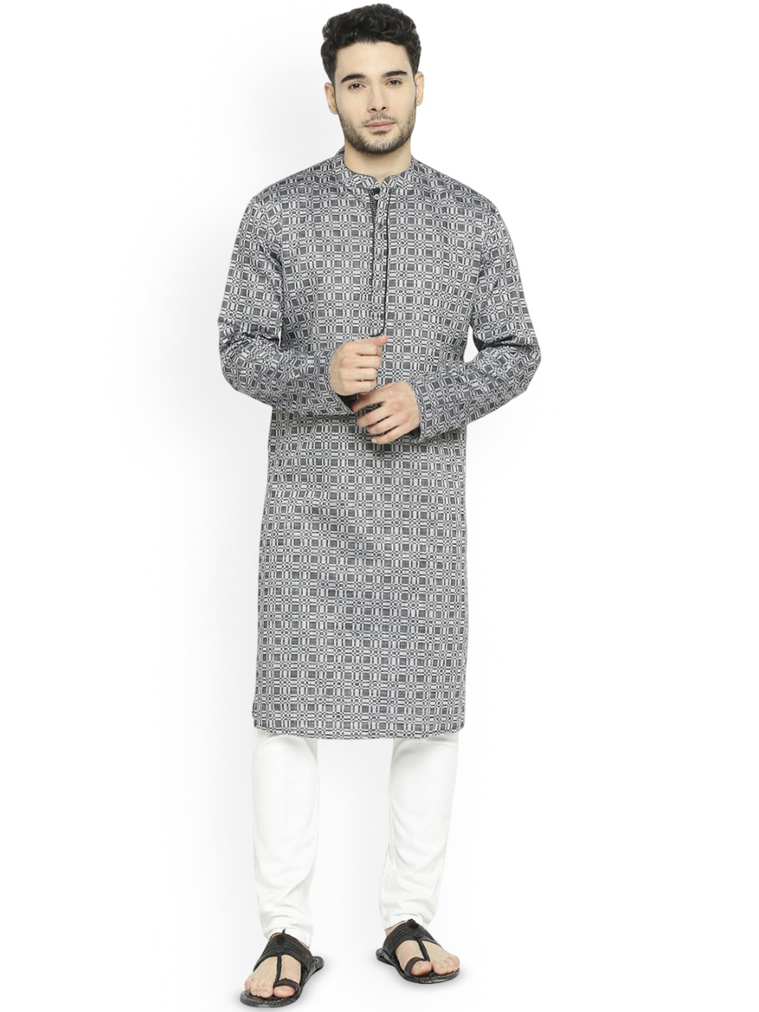 

Arch element Men Geometric Thread Work Anarkali Kurta, Black