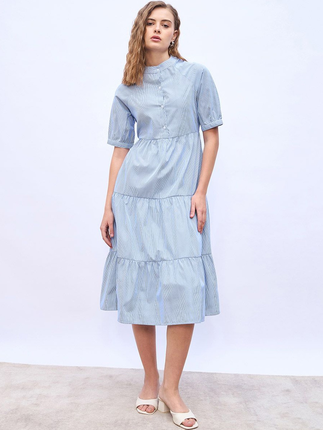 

Styli Striped Puff Sleeve Shirt Midi Dress, Blue