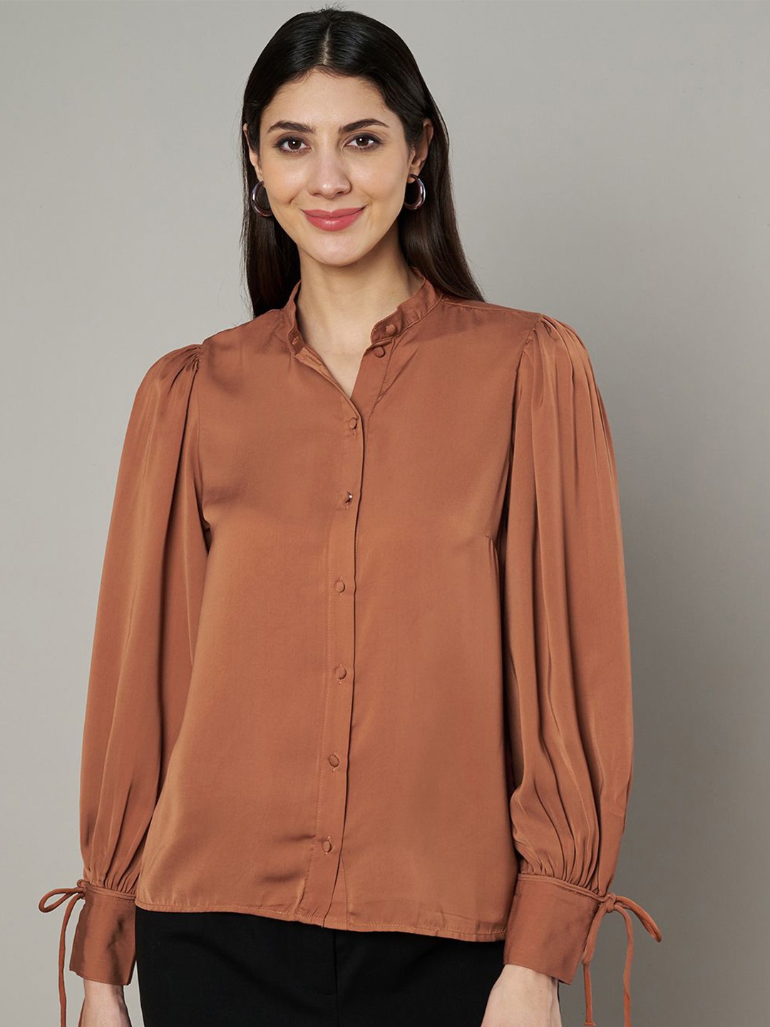 

Amagyaa Mandarin Collar Satin Blouson Top, Rust