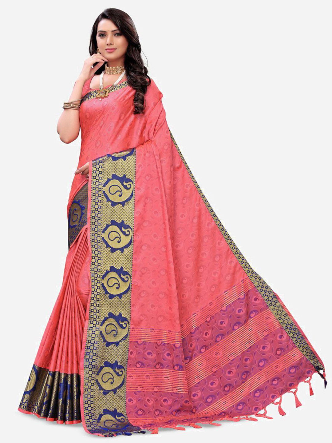 

DIVASTRI Woven Design Zari Silk Blend Saree, Pink
