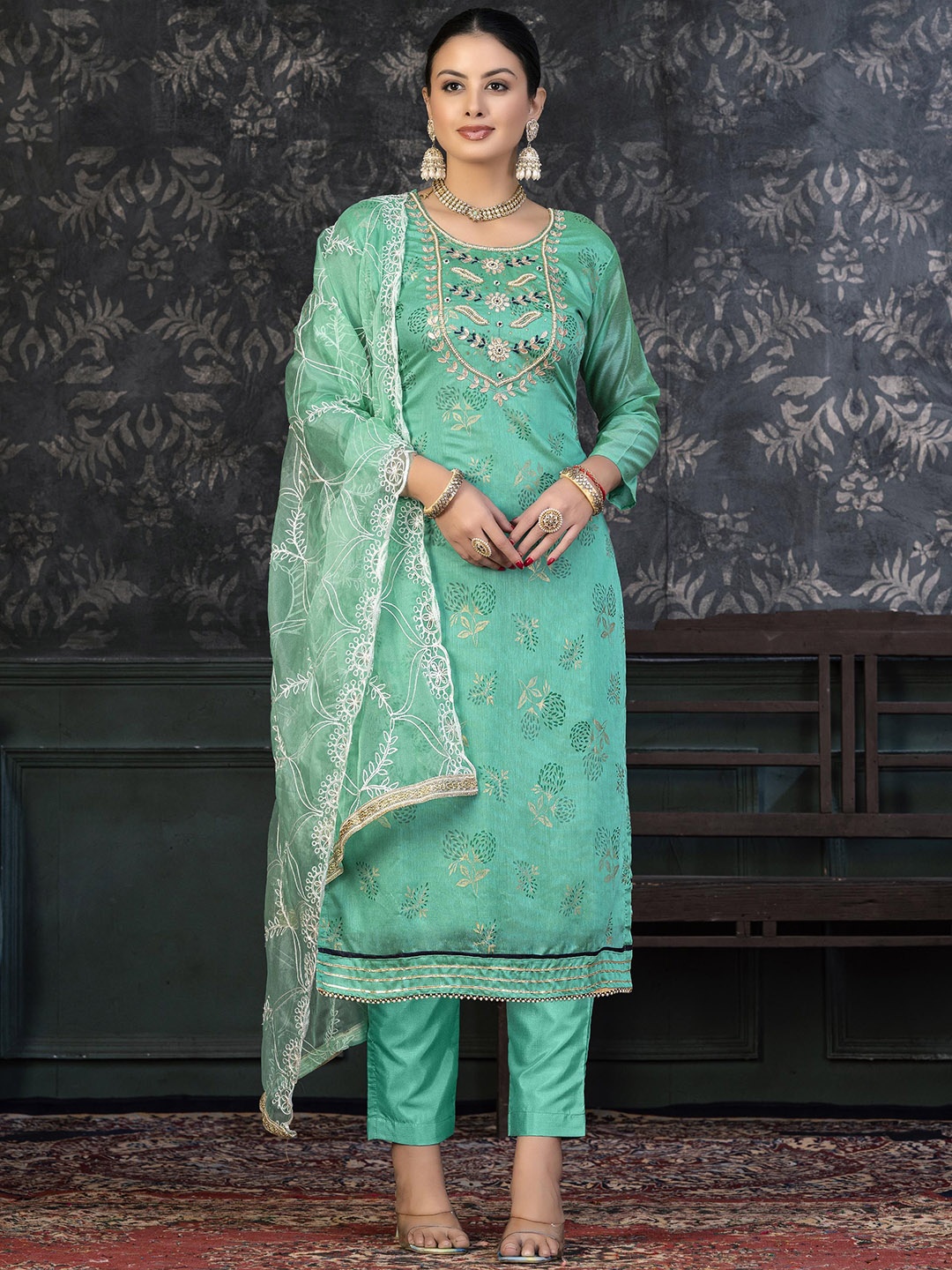 

SAINOOR Embellished Semi-Stitched Dress Material, Sea green