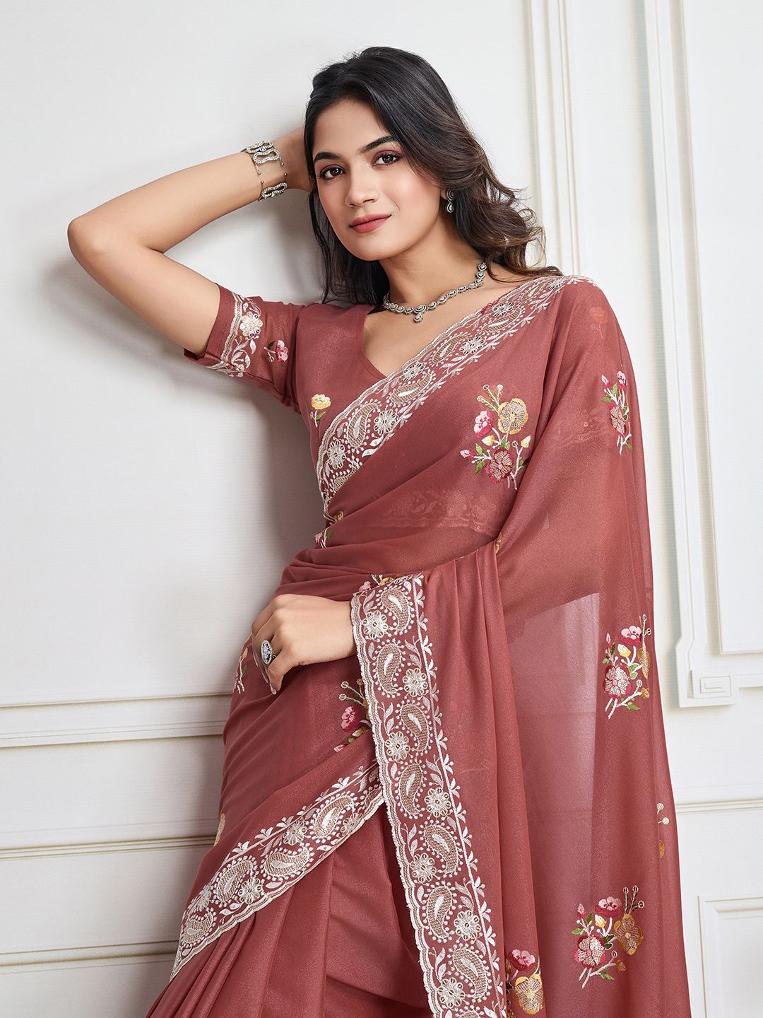 

House of Pataudi Embroidered Work Saree With Blouse Piece, Camel brown