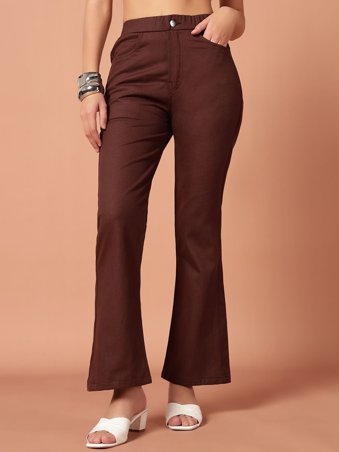 

Mast & Harbour Women Flared High-Rise Easy Wash Trousers, Coffee brown