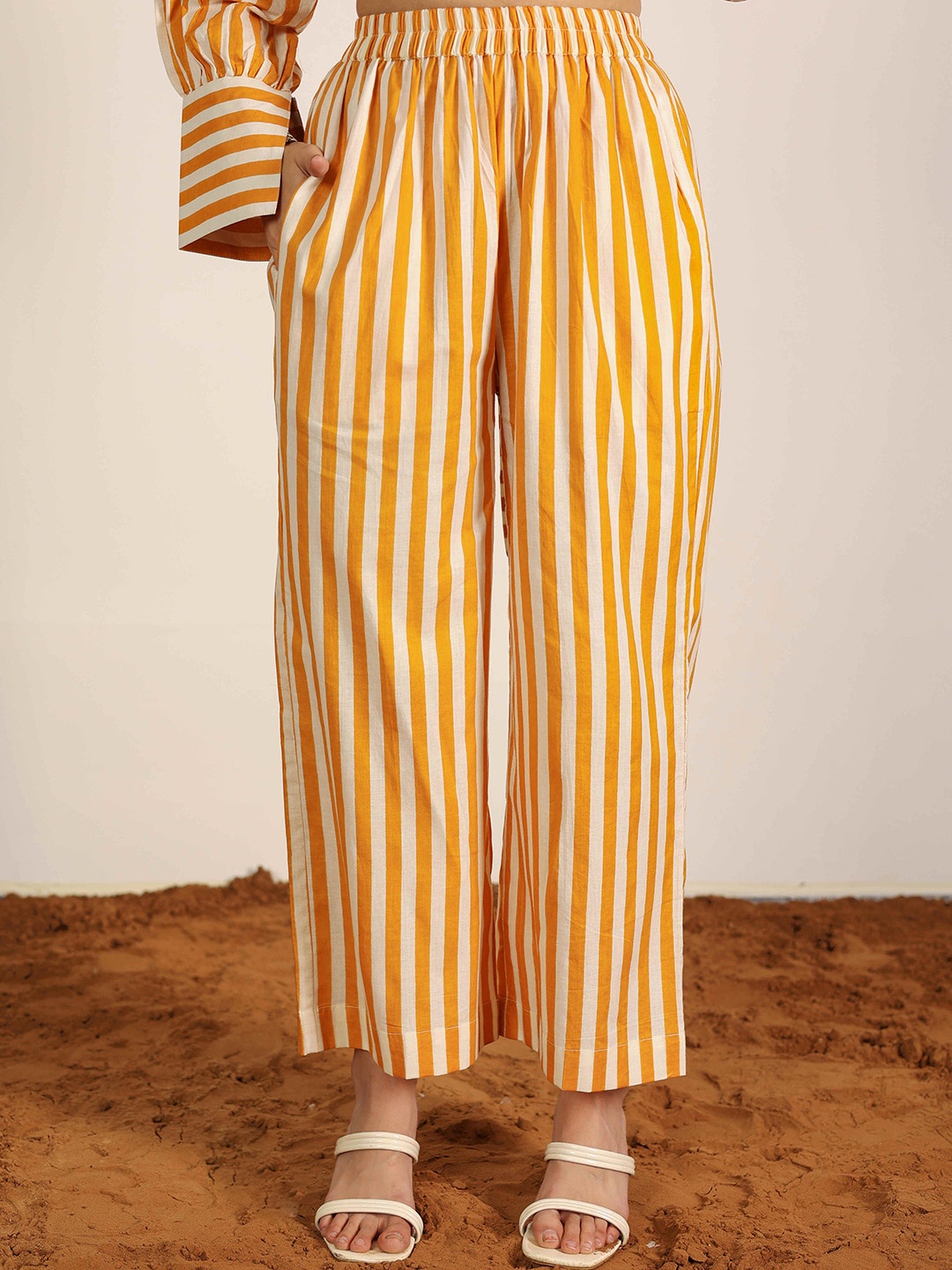 

KAORI BY SHREYA AGARWAL Women Striped High-Rise Trousers, Yellow