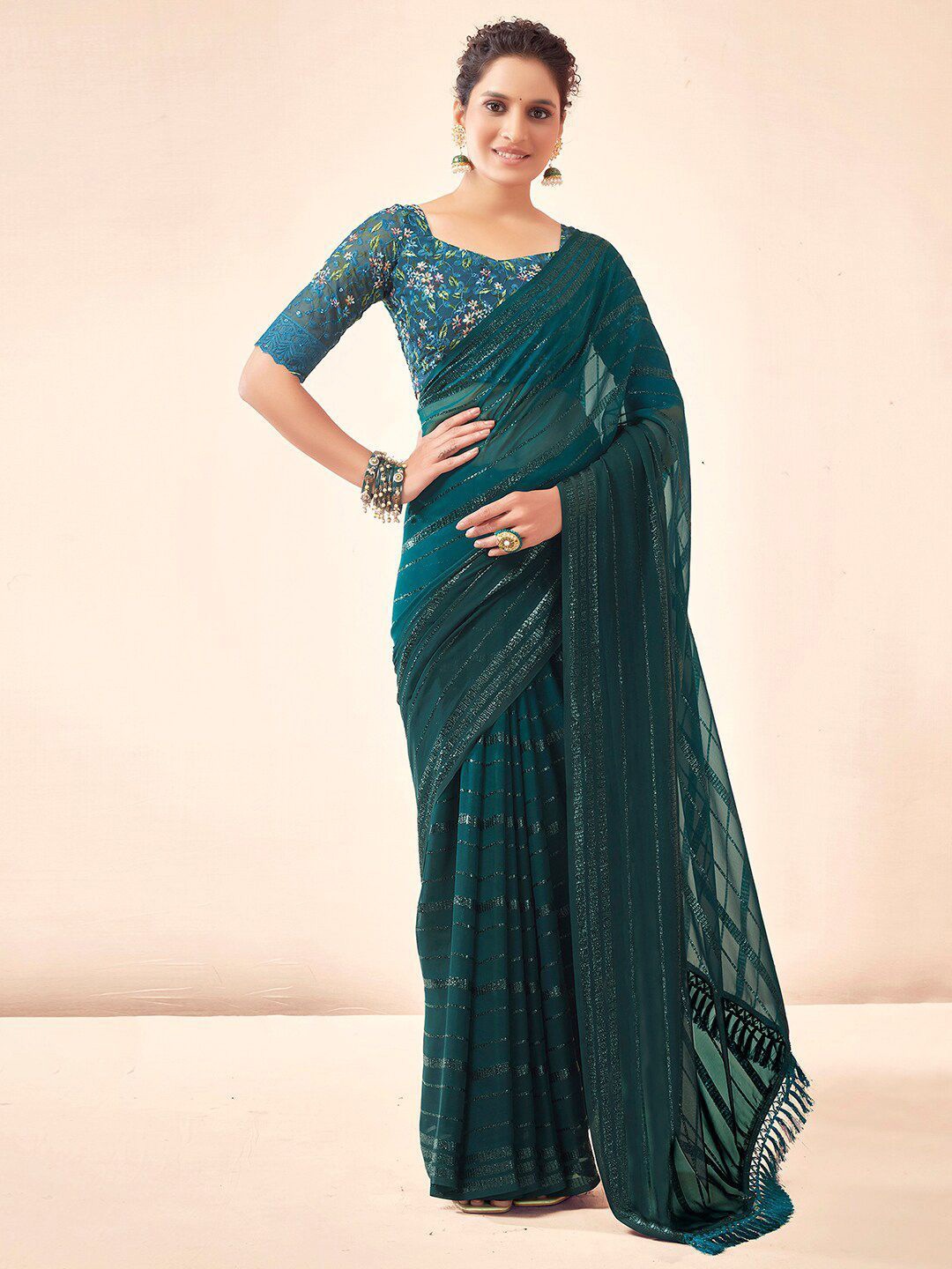 

DIVASTRI Striped Zari Pure Georgette Saree, Teal