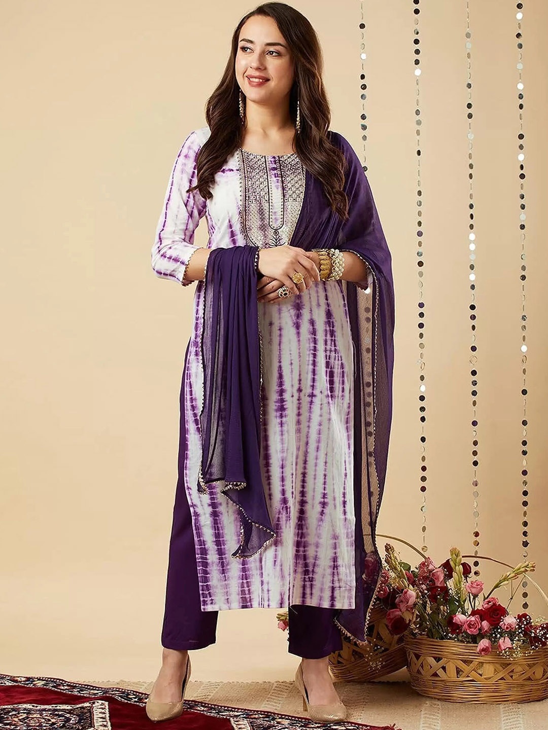 

HERE&NOW Women Printed Regular Kurta with Trousers & With Dupatta, Purple