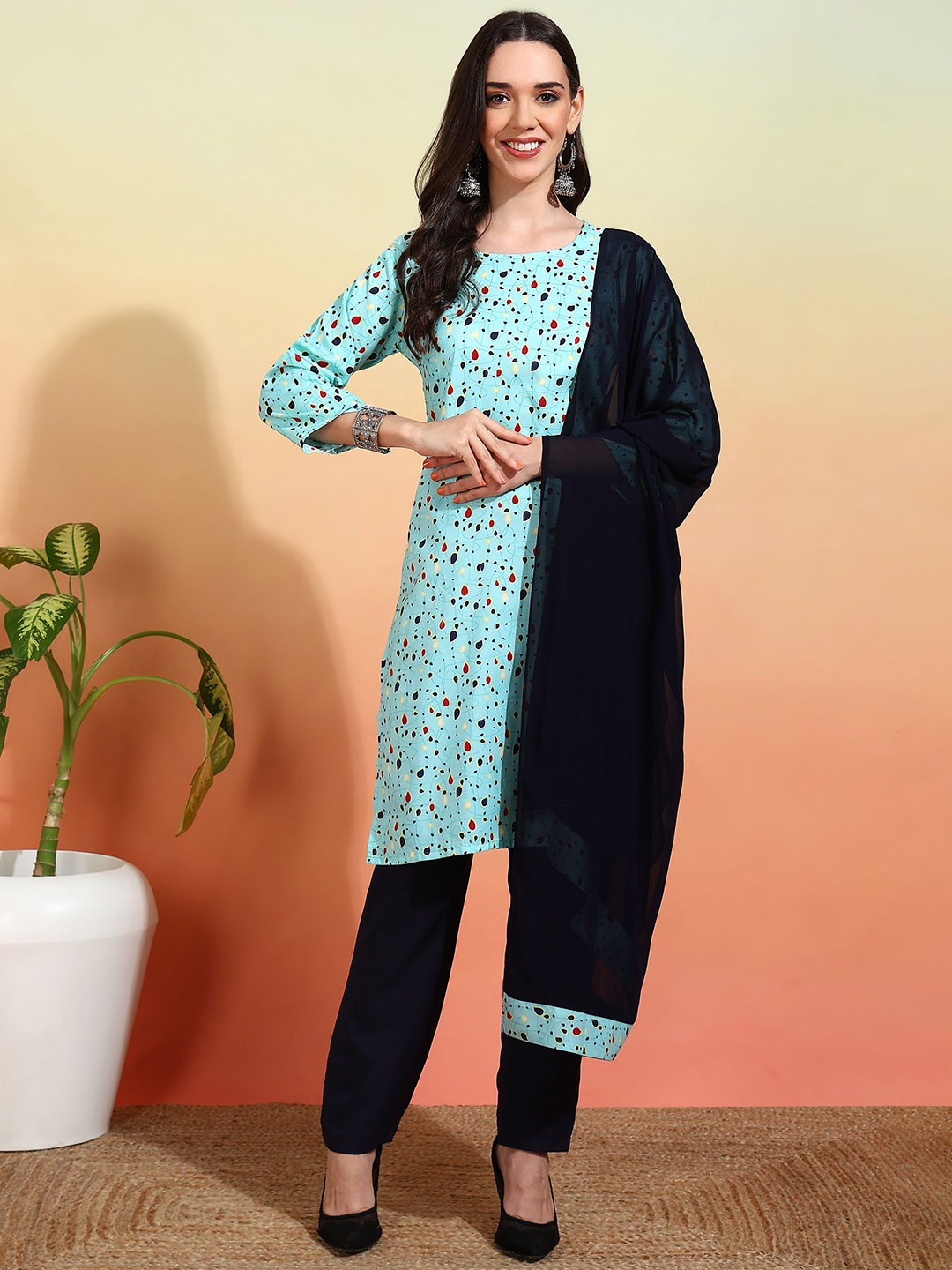 

HERE&NOW Women Printed Regular Kurta with Trousers & With Dupatta, Blue