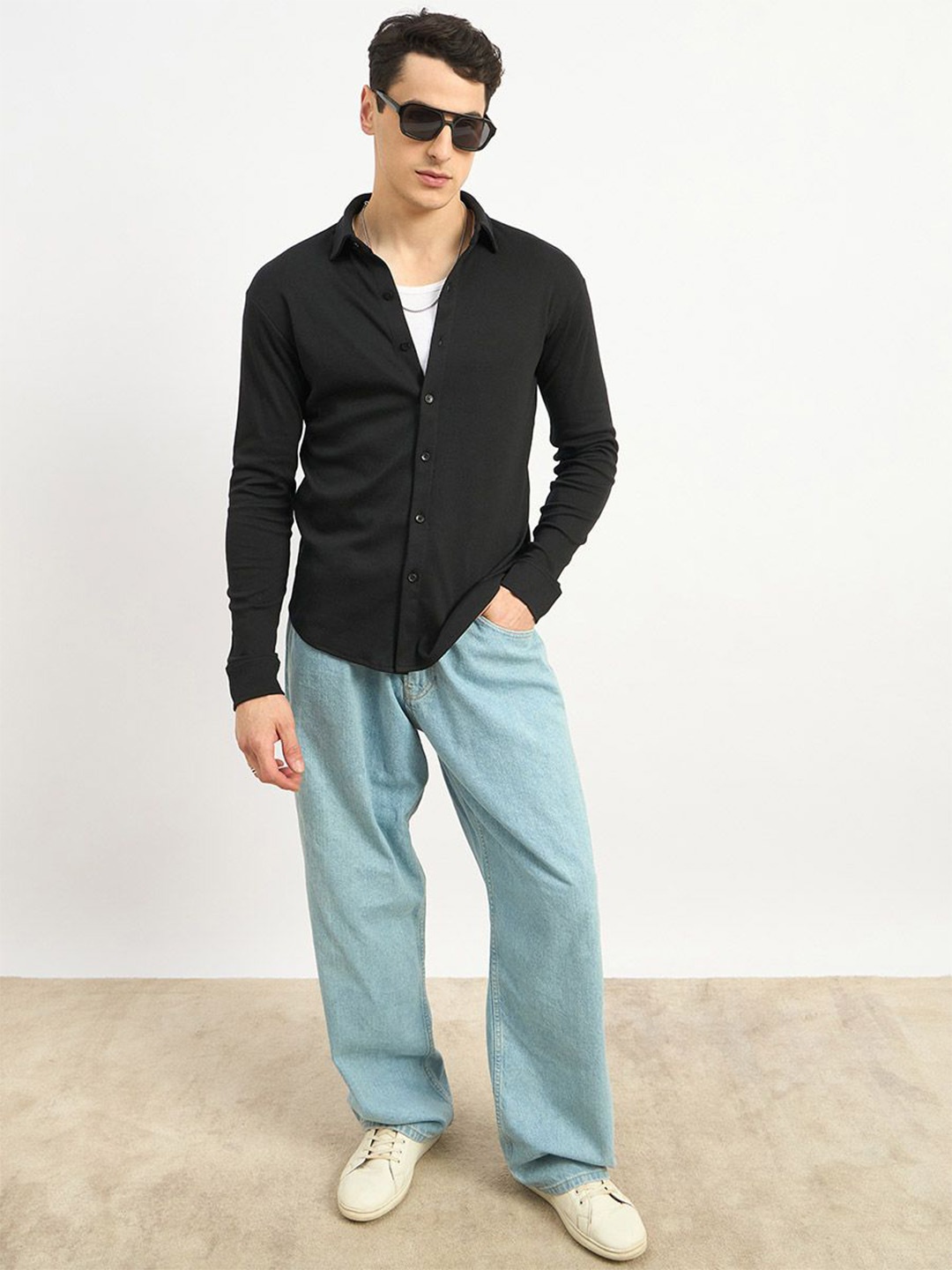 

Styli Men Solid Regular Fit Knit Shirt, Black