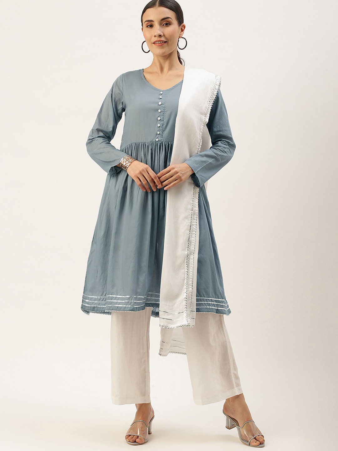 

DIVASTRI Women Regular Pure Cotton Kurti with Trousers & With Dupatta, Grey