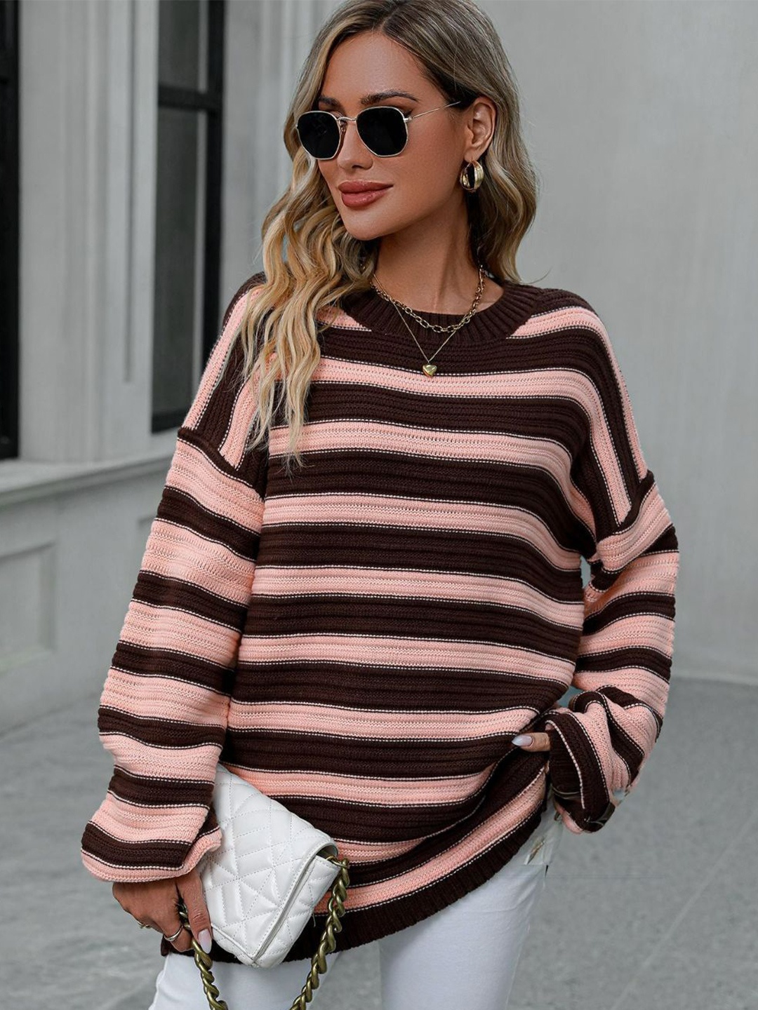 

Oh Rare Women Striped Pullover, Coffee brown