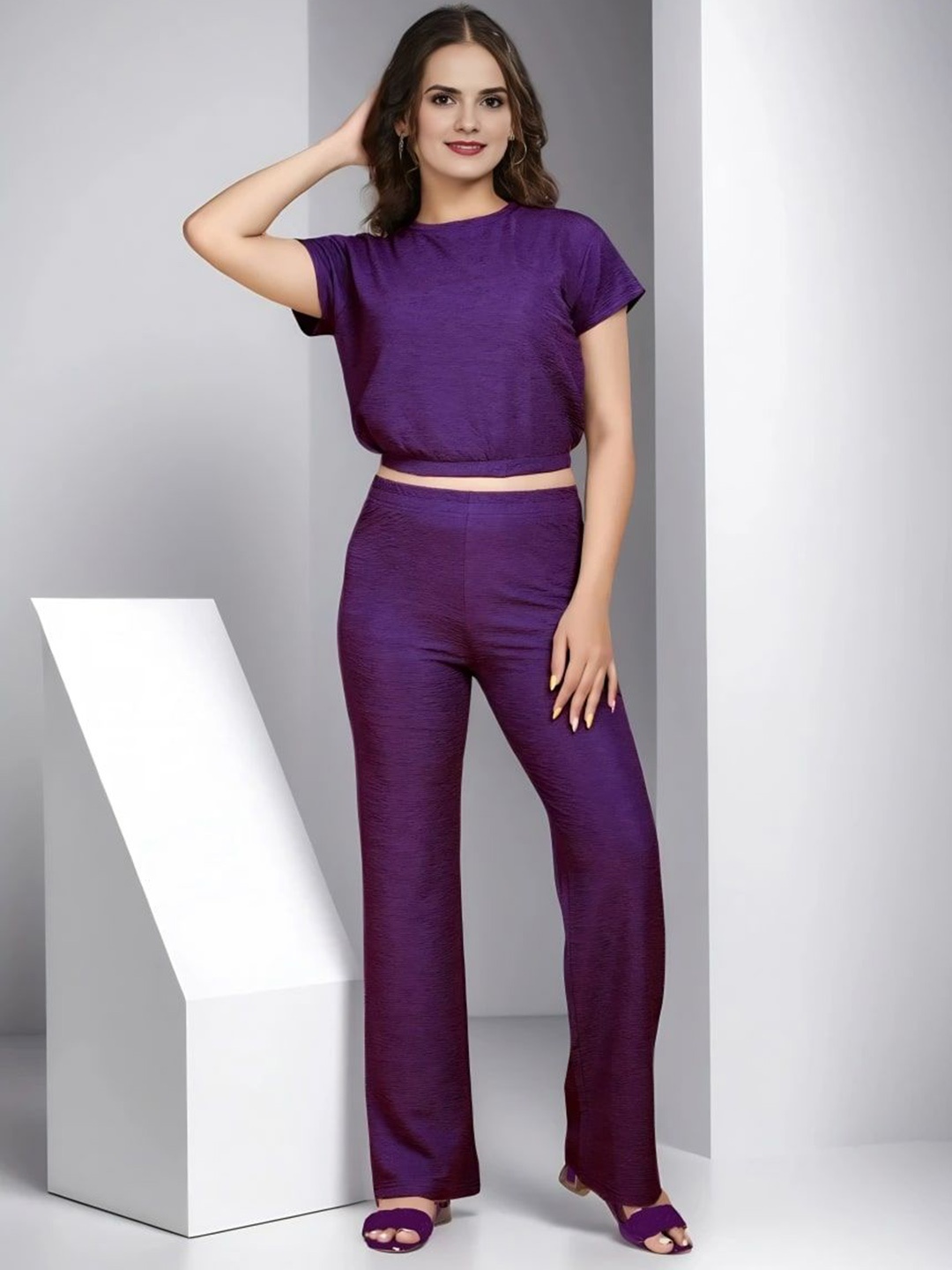 

Moda Rapido Round Neck Top With Trousers Stylish Comfortable Co-Ords, Violet