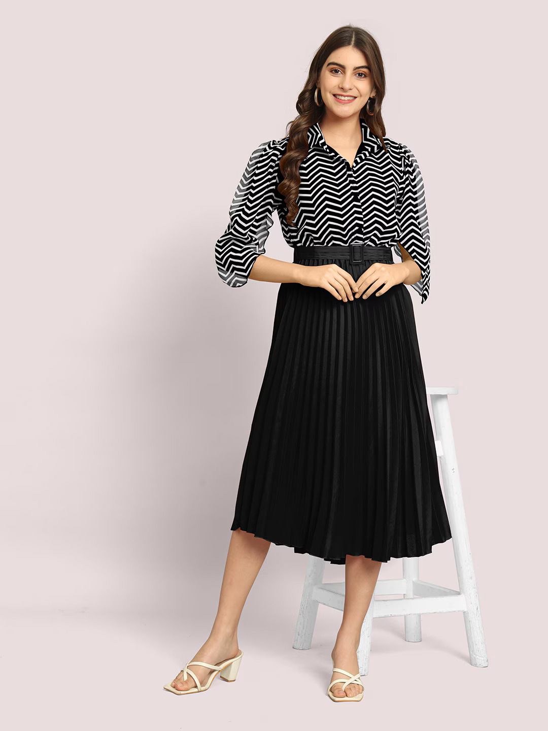 

Jash Creation Striped Applique Georgette Fit & Flare Maxi Dress, Black