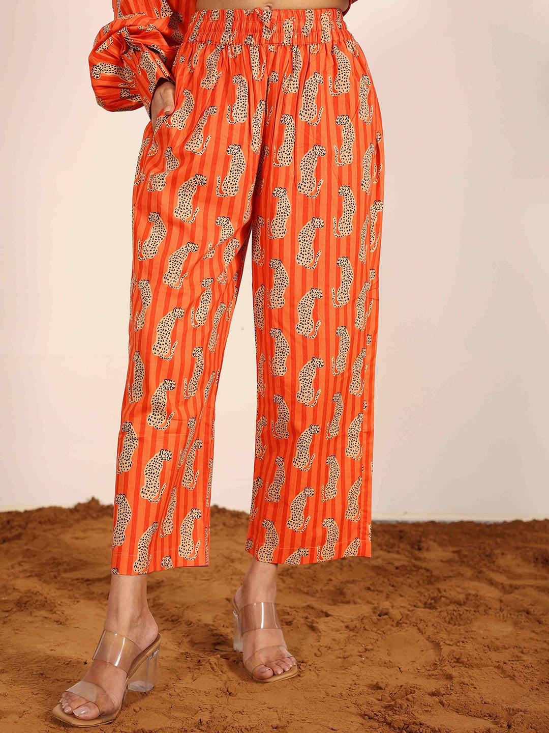 

KAORI BY SHREYA AGARWAL Women Animal Printed High-Rise Pleated Trousers, Orange
