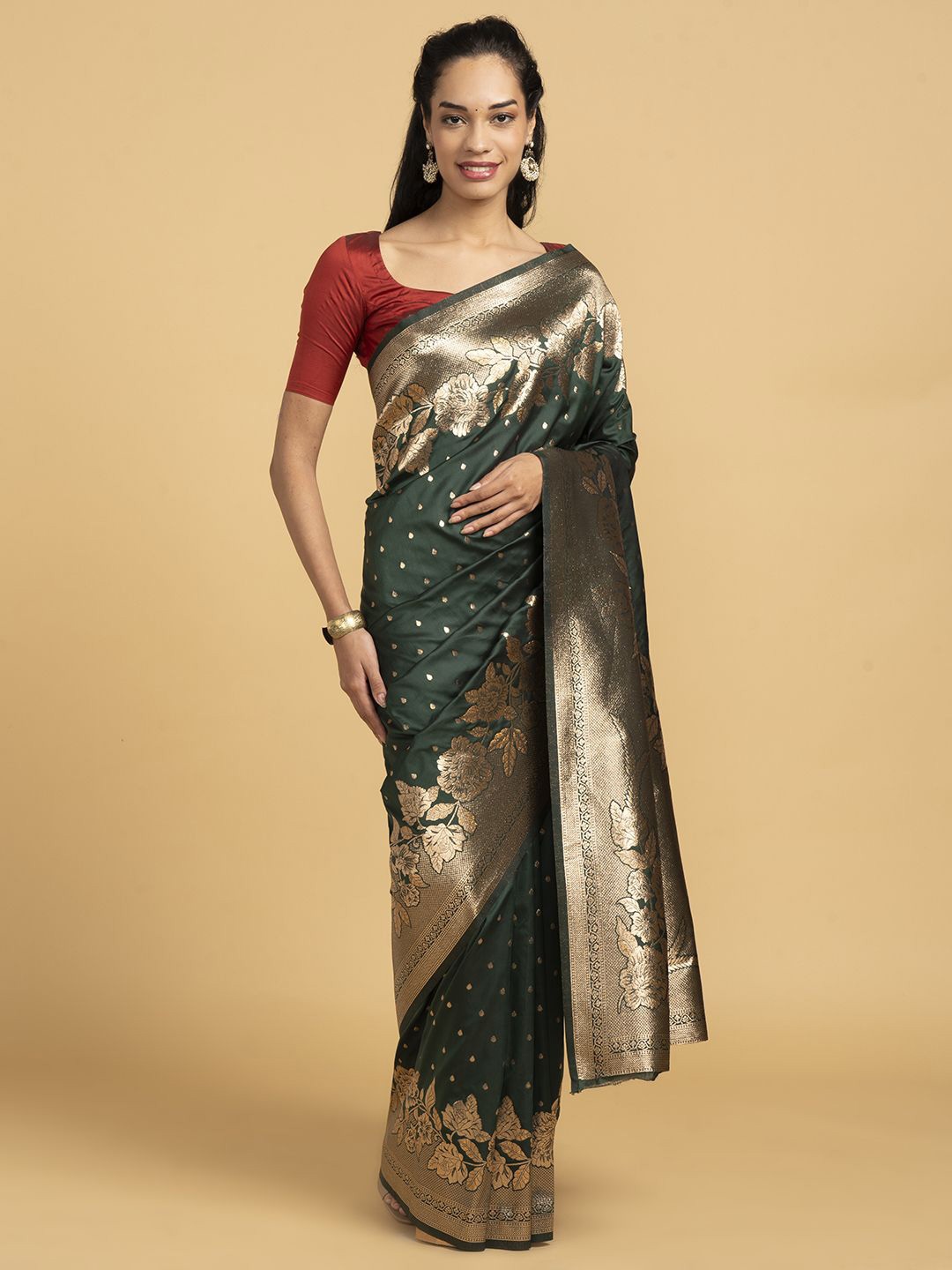 

Saaki Woven Design Zari Silk Blend Banarasi Saree, Green