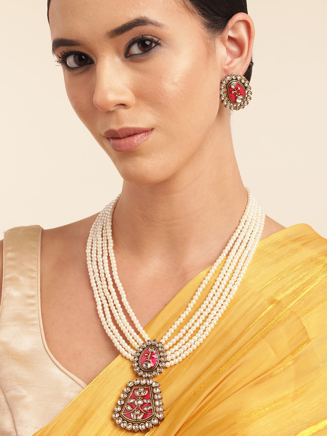 

Anouk Gold Plated Kundan Studded Beaded Premium Layered Necklace Earring Set, Pink
