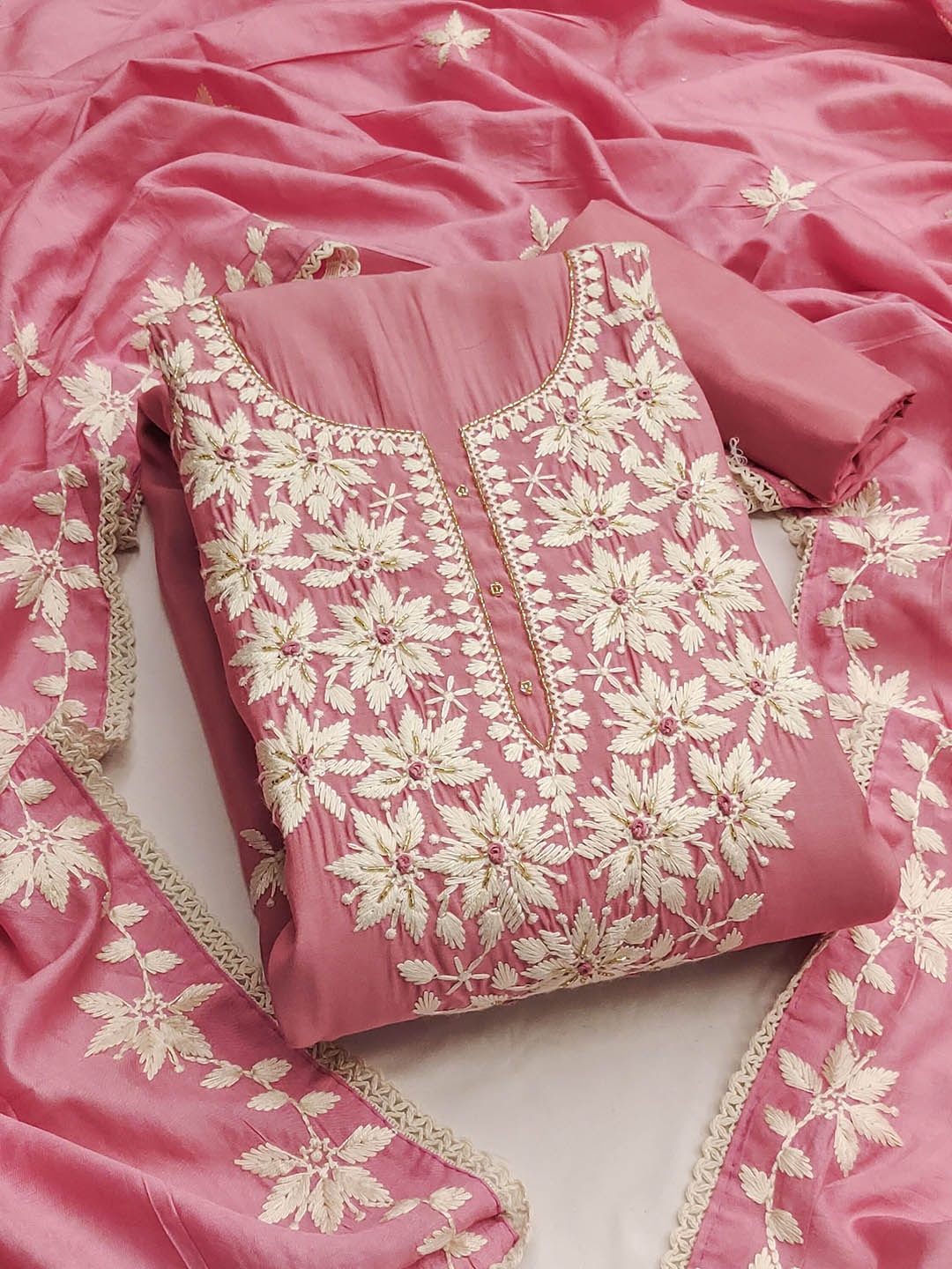 

SAINOOR Embroidered Pure Silk Semi-Stitched Dress Material, Pink