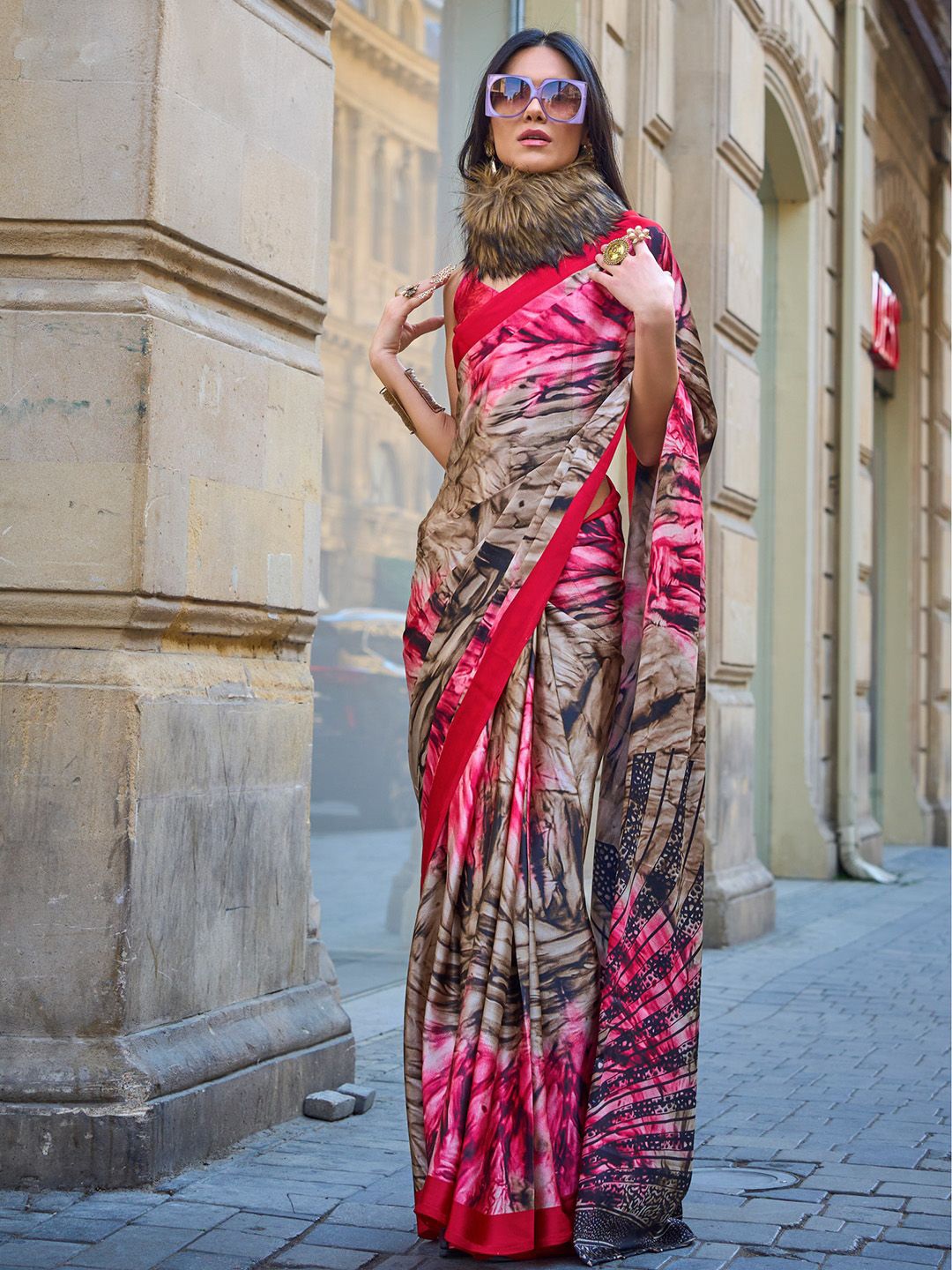 

PEENGAX Satin Saree, Pink