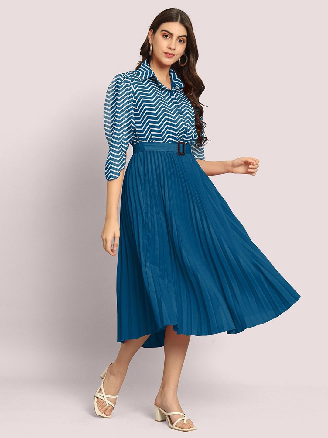 

Jash Creation Striped Applique Georgette Fit & Flare Maxi Dress, Blue