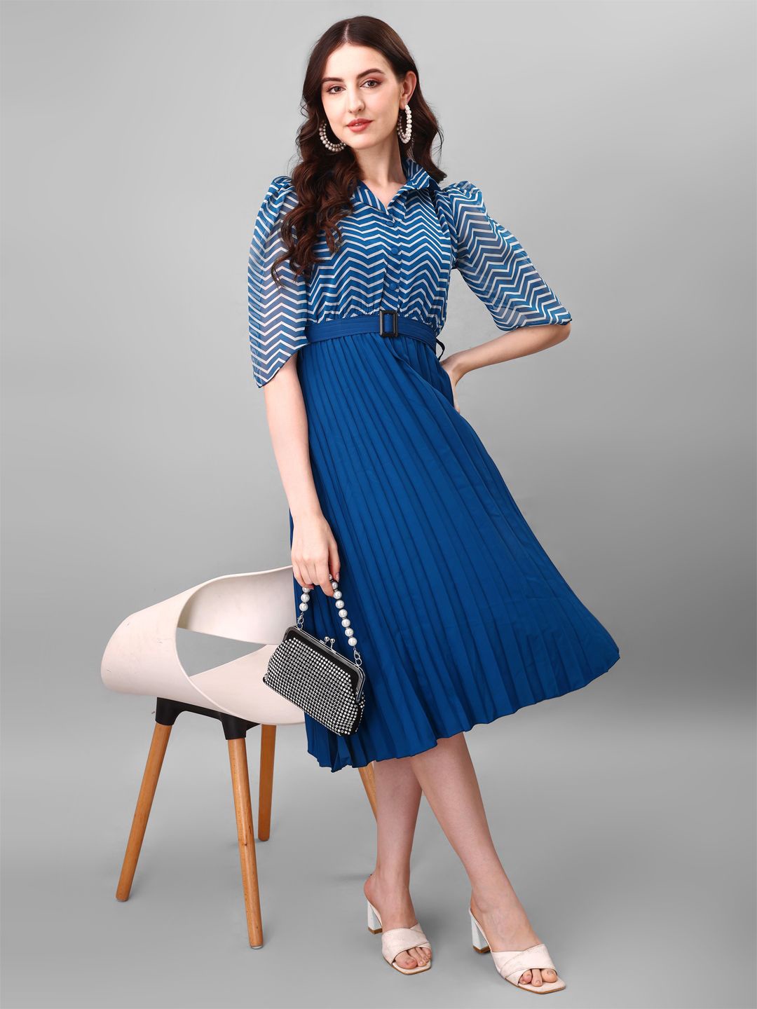 

Raiyani Fashion Striped Applique Georgette Fit & Flare Midi Dress, Blue