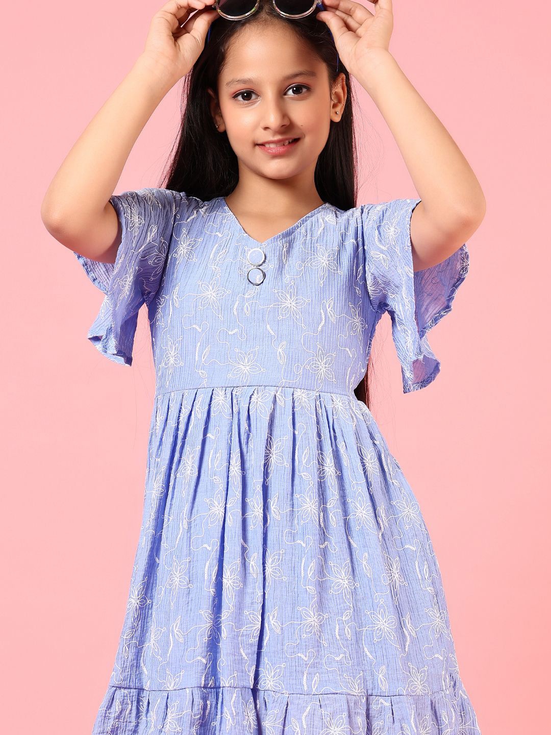 

V-Mart Floral Print Flutter Sleeve Fit & Flare Dress, Blue
