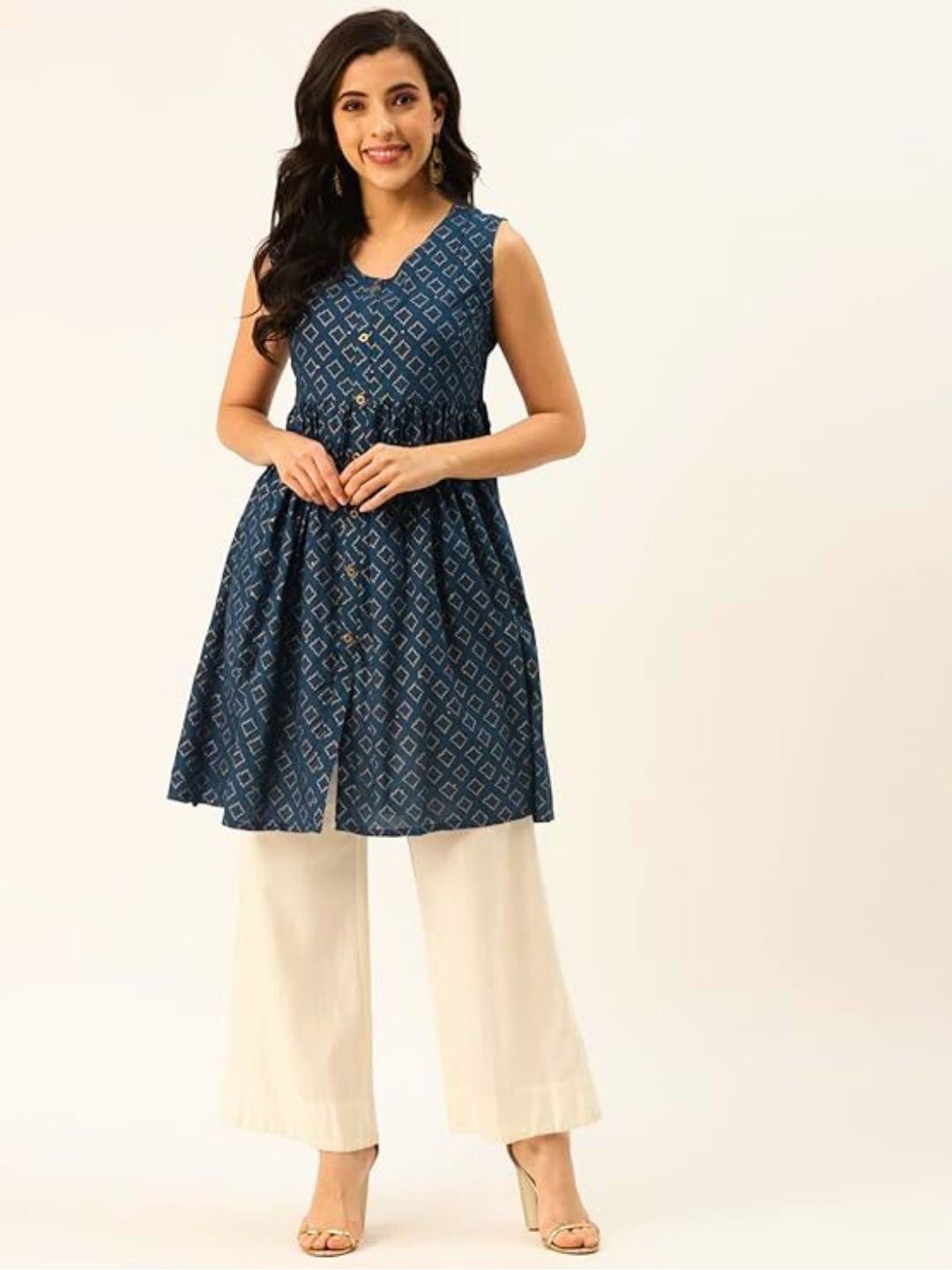 

Atha Fashion Geometric Printed V-Neck Pure Cotton Kurti, Navy blue