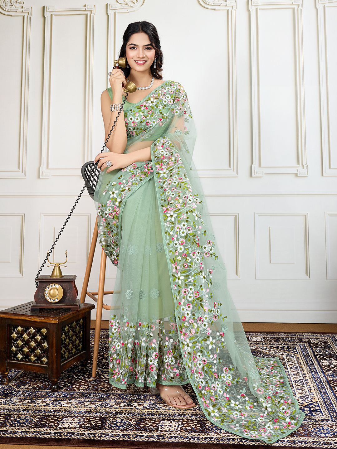 

House of Pataudi Embroidered Work Saree With Blouse Piece, Olive