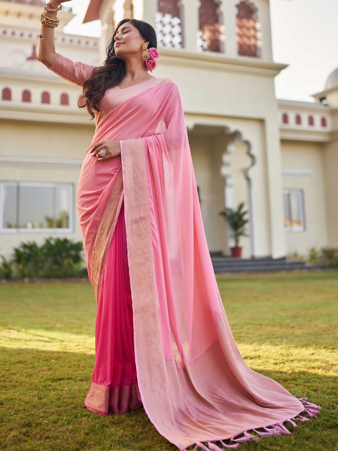 

DEVATITHI Zari Silk Blend Banarasi Saree, Pink