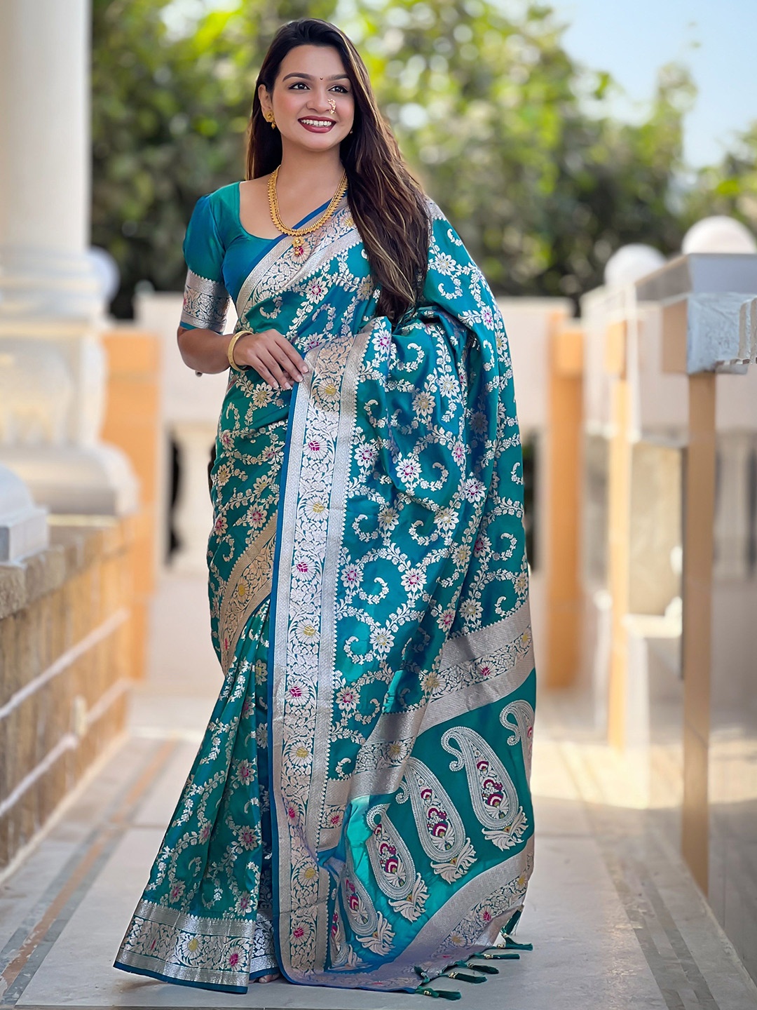 

Divyadham Textiles Woven Design Zari Pure Silk Banarasi Saree, Turquoise blue