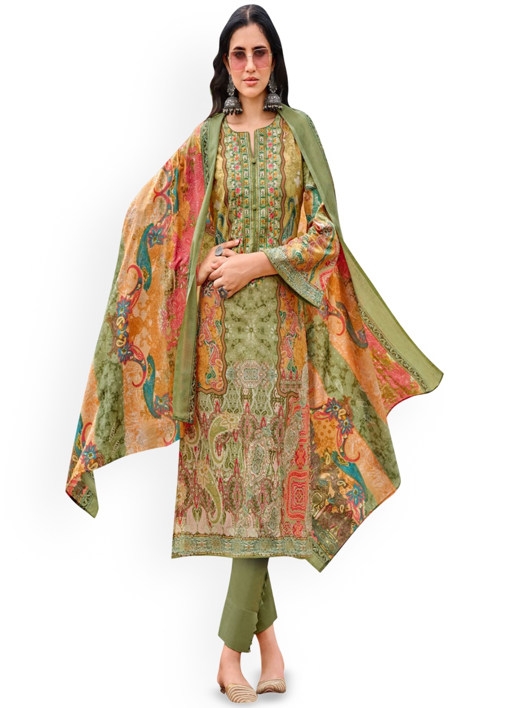 

DRAVINAM Trends Embroidered Pure Cotton Unstitched Dress Material, Green