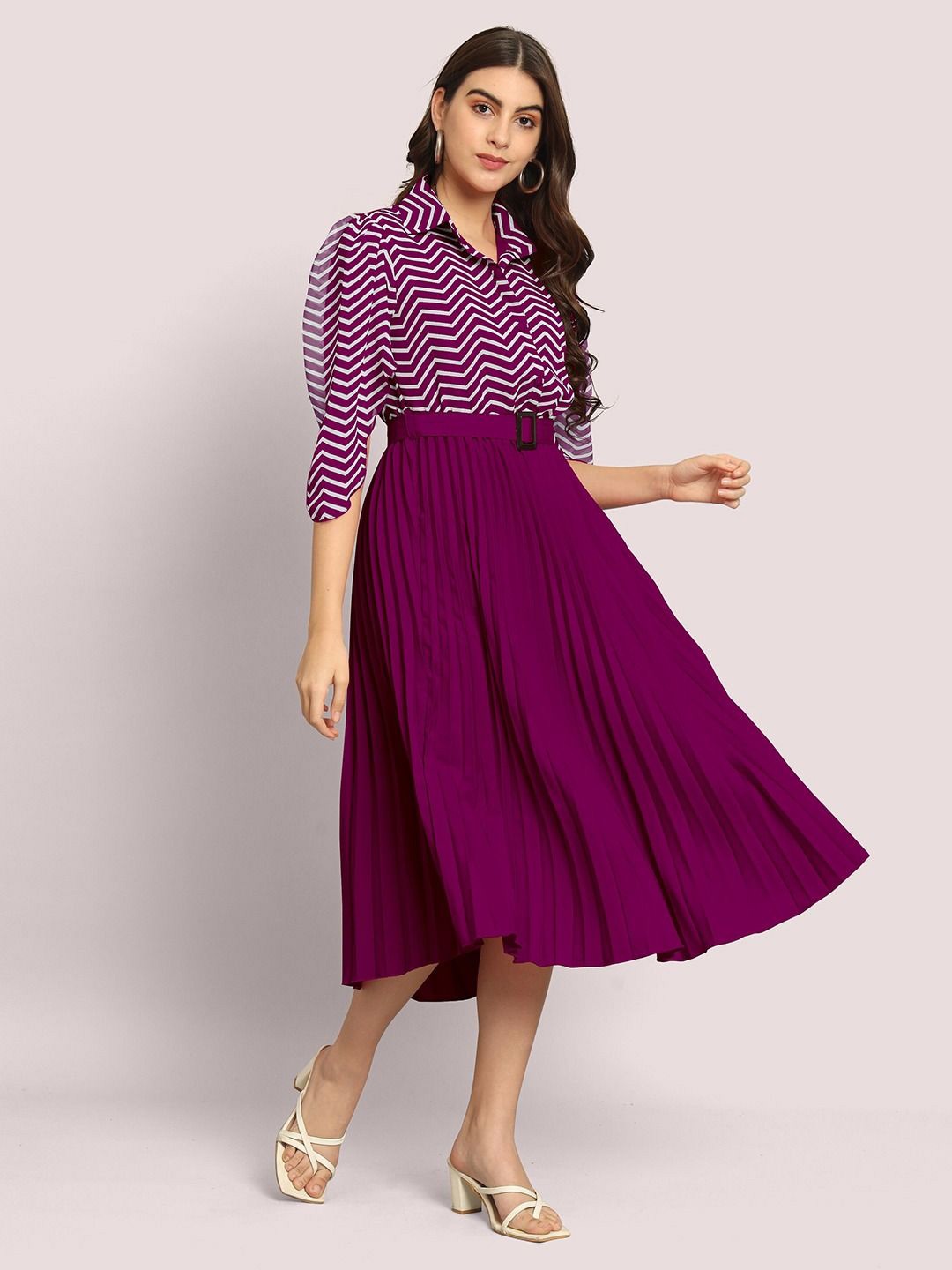 

Jash Creation Striped Applique Georgette Fit & Flare Maxi Dress, Magenta