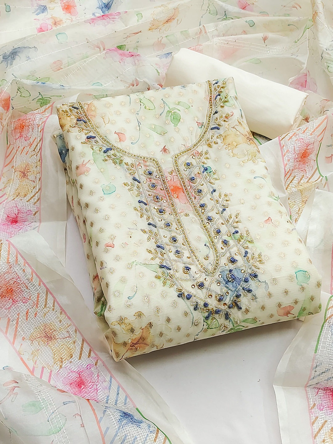 

SAINOOR Embellished Semi-Stitched Dress Material, Off white