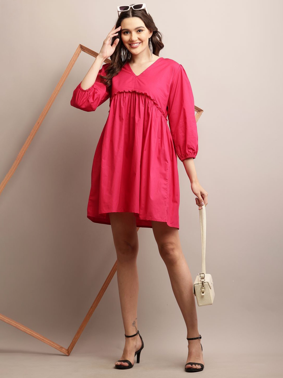

Houseofchic Puff Sleeve Fit & Flare Dress, Pink